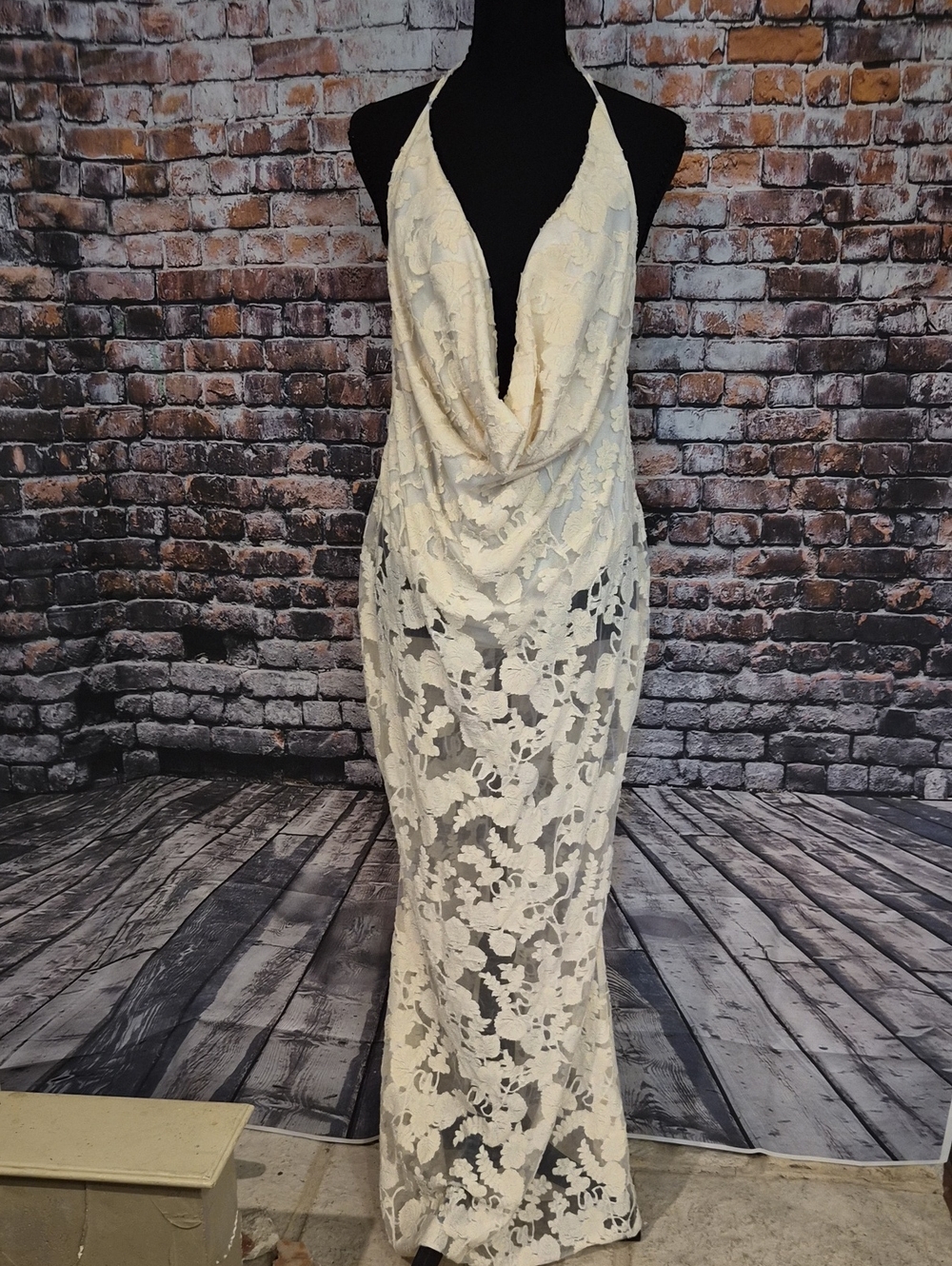 Fashion Nova Ivory Strapless Lace Cowl Maxi Bodysuit Dress